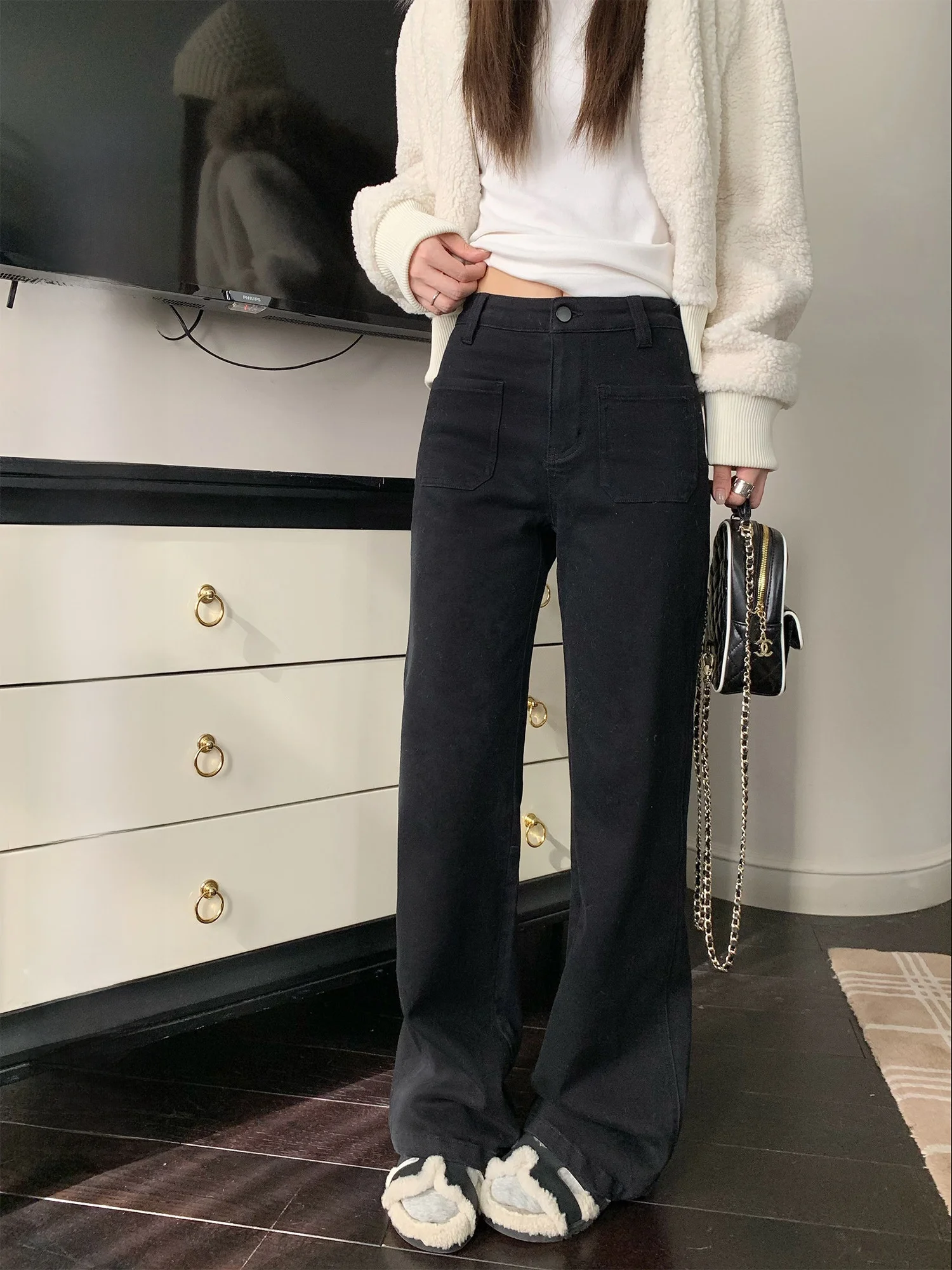 

Hhi Широкие джинсы с высокой талией Женские потертые джинсы в стиле ретро Тонкие прямые расклешенные брюки Bla Vintage Sle Повседневные брюки