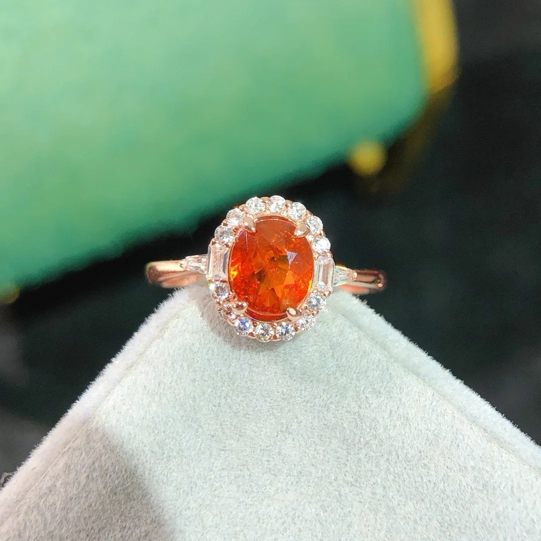 Anillo de granate Fanta natural, banda de plata de ley chapada en oro rosa de 18 quilates, detalles de circonio de círculo completo, piedra preciosa naranja vibrante