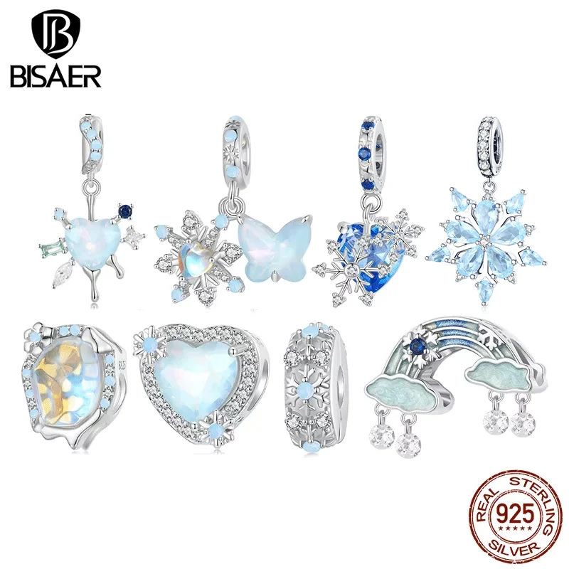 

BISAER 925 Sterling Silver Snow Butterfly Charm Bead Opal Heart Ice Pendant Plated Platinum Fit Women DIY Bracelet Fine Jewelry
