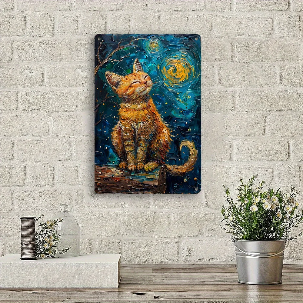 Pintura al óleo de gato inspirada en la noche estrellada, letrero de hierro metálico de 8x12 pulgadas, arte de pared de hierro Vintage para el hogar, Bar, garaje, póster de gato único, 1 ud.