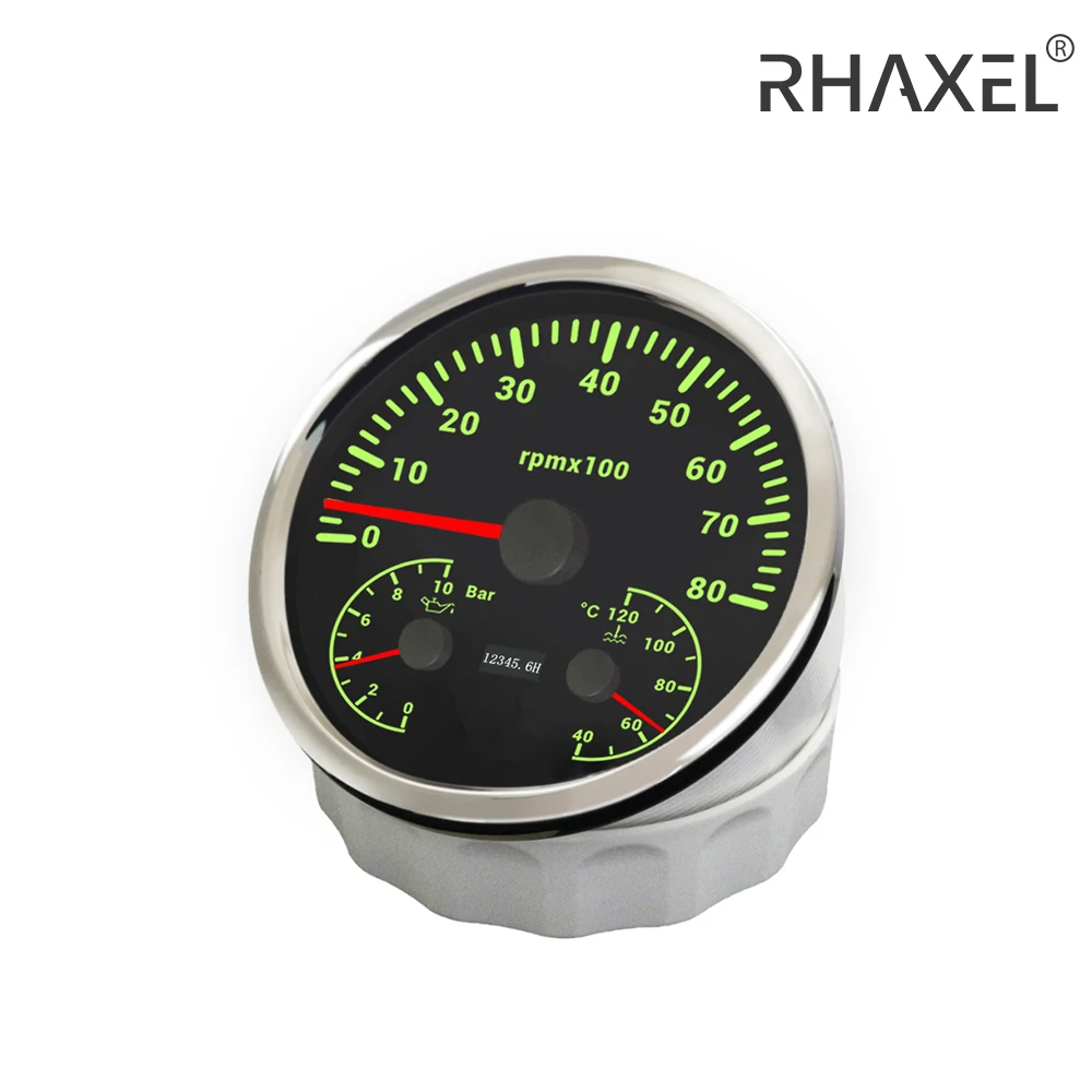 RHAXEL 110mm 3in1 3K 6K 8K RPM Tachometer with Hour Meter Oil Pressure 0-10Bar Water Temp 40-120℃ 12V 24V with Backlight