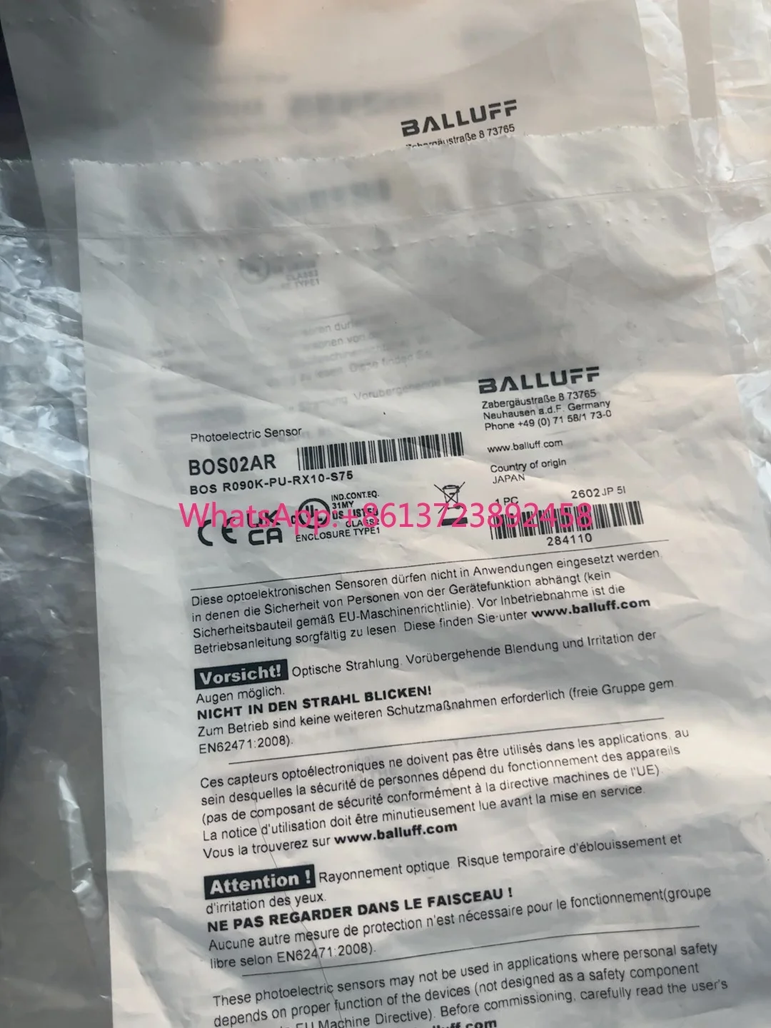 New balluff photoelectric sensor bos02ar model BOSR090K-PU-RX10-S75 high quality