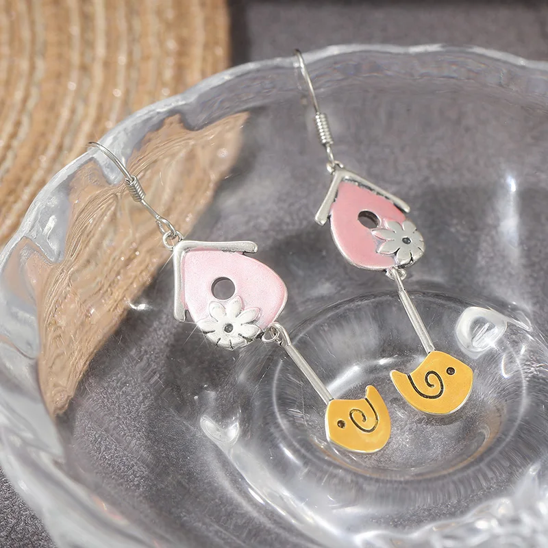 Delicate Cute Silver Color Metal Geometry Bird Dangle Earrings For Women Jewelry Lovely Animal Daily Jewelry Two Tone