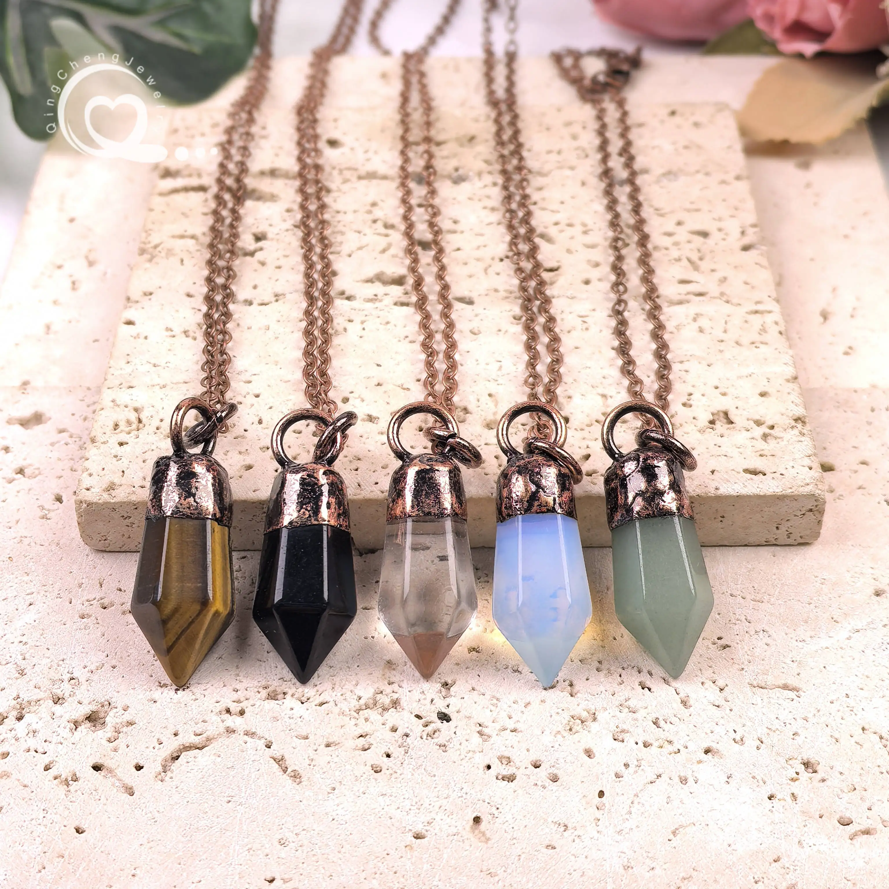 

12x36mm Hexagonal Point Gemstone Antique Cooper Pendant Necklace Healing Crystal Obsidian Tiger Eye Vintage Jewelry Gift QC3453