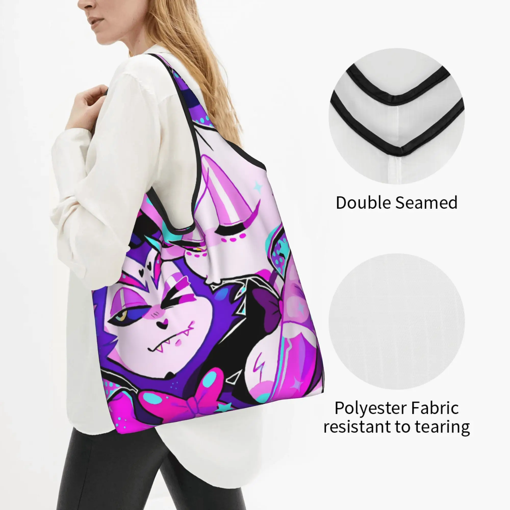 Kawaii  H-Hazbins Cartoon Manga Shopping Tote Bags Portable Japan Comic Groceries Shoulder Shopper Bag