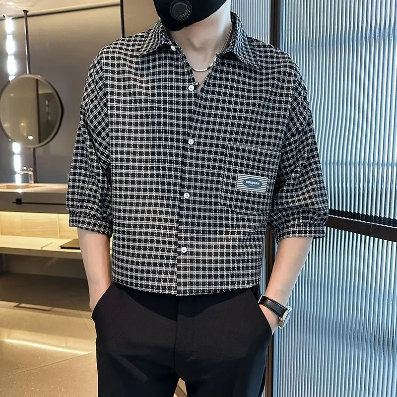 Men Plaided Quad Sleeve Shirt Summer New Slim Casual Thin Cardigan