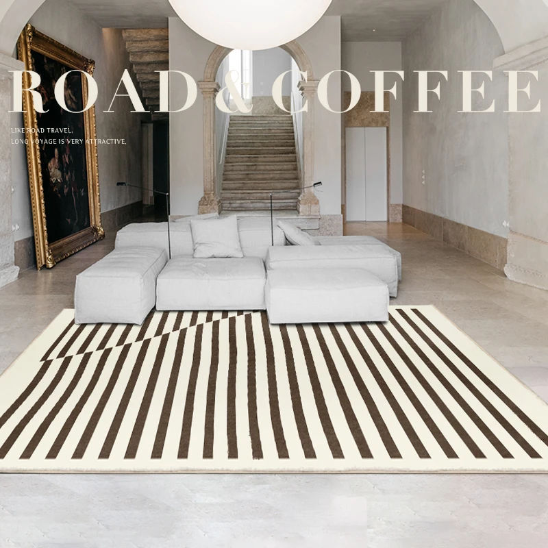 Retro Line Art Thickened Carpet for Living Room, Brown Coffee Table, Plush Carpets, Light Luxury Bedroom Bedside Dresser,