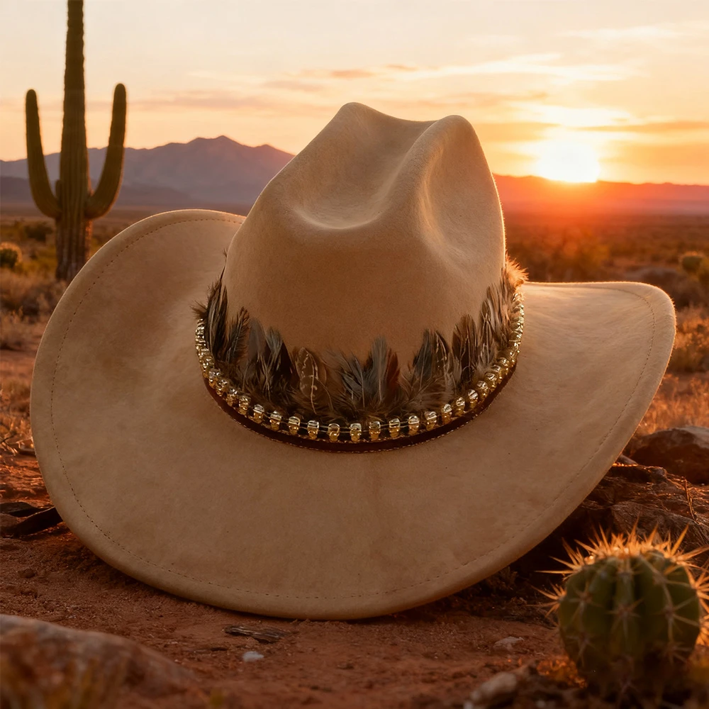New ethnic Vegan Suede Cowboy Hat wide brim feather Cowgirl hat party Western Cowboy hat wholesale Cattleman Style knight hat