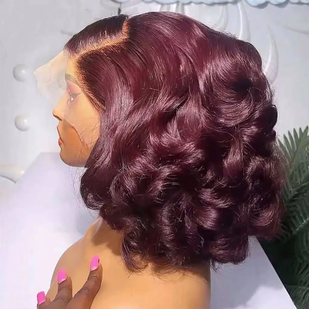 

300% Density 13x4 HD Lace Frontal Burgundy 99J Bob Wig, Short Deep Wave Human Hair, Glueless Ready to Wear for Women