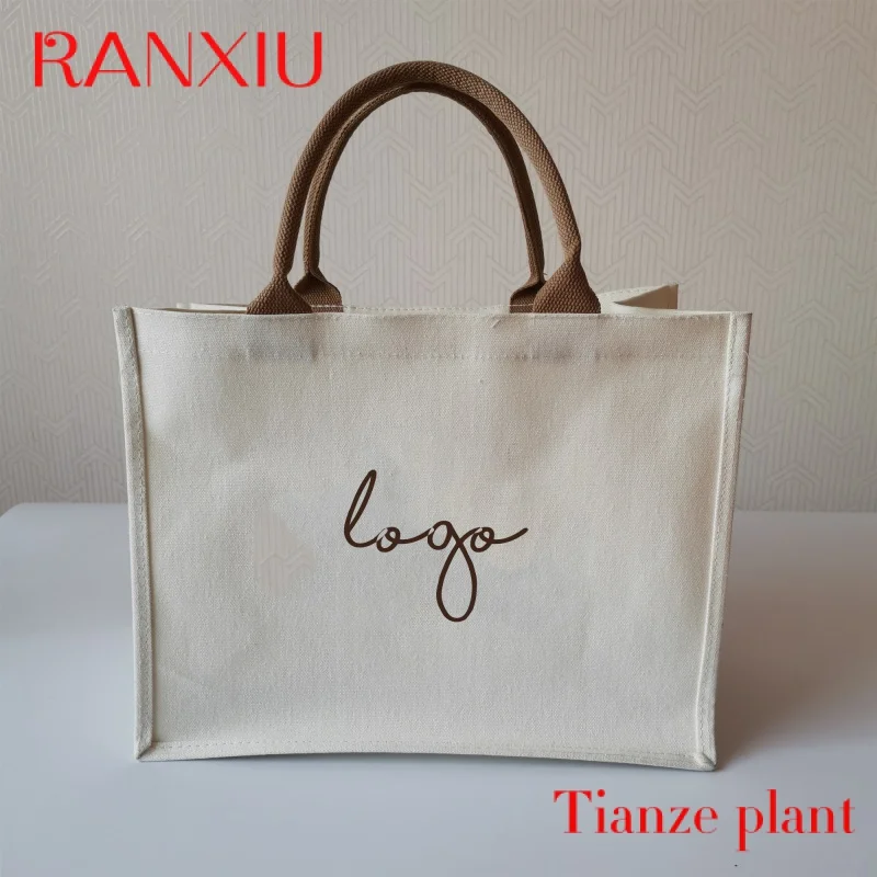 Borsa shopping in tela di cotone impermeabile laminata a forma quadrata con logo personalizzato ecologico con manico colorato