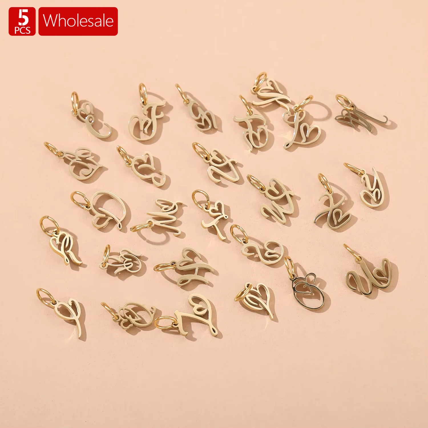 CARLIDANA 5PCS Stainless Steel Gold PVD Plated DIY Love Heart Letter Alphabet Initial Charm Pendant Wholesale Jewelry