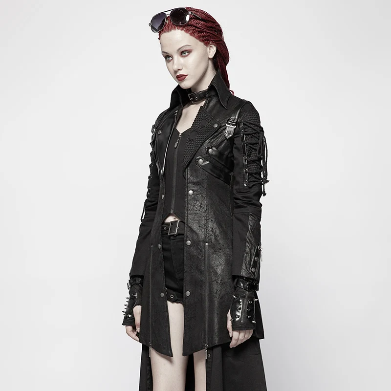 LP-FACON Women's Steampunk Gothic Leather Jacket - Mid-Length Motorcycle Coat In Brown, Burgundy, Or Green