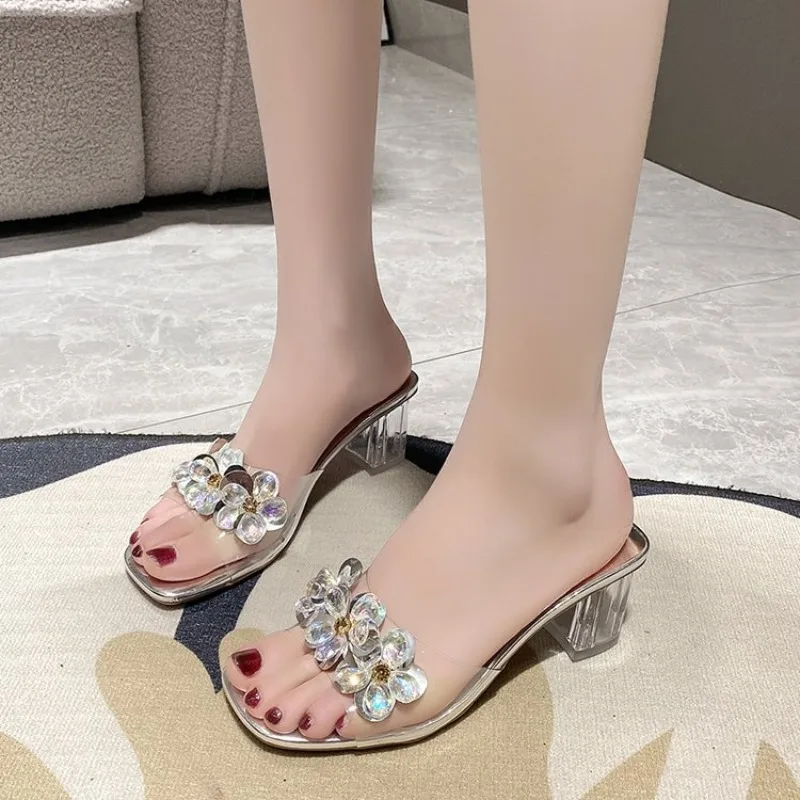 Slippers Woman 2024 New Summer Elegant Middle Heel Fairy Rhinestone Transparent Crystal Heel Sexy Party Designer Shoes Female PU