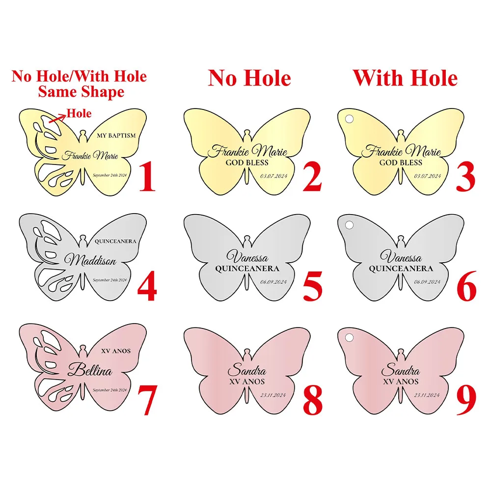 Personalized Gold Acrylic Mirror Tags For Wedding Party Baptism Birthday Favors Couple Name Butterfly Hollow Out Invitation Tags