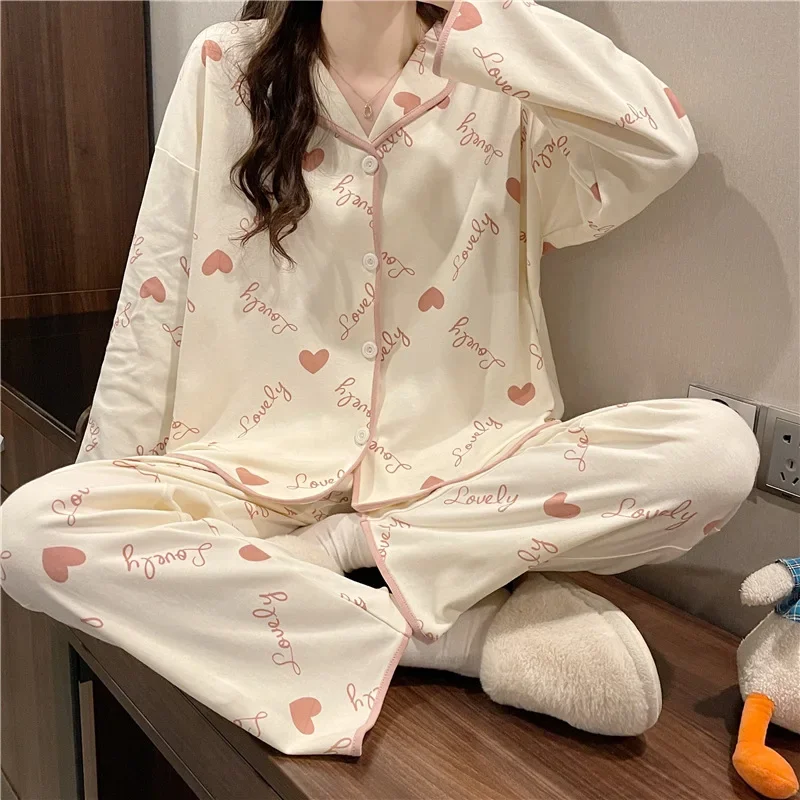 Cartoon Printing Spring and Autumn New Pajamas Women's Cardigan Long-sleeved Sweet Casual Cute Loungewear Two-piece Pajamas