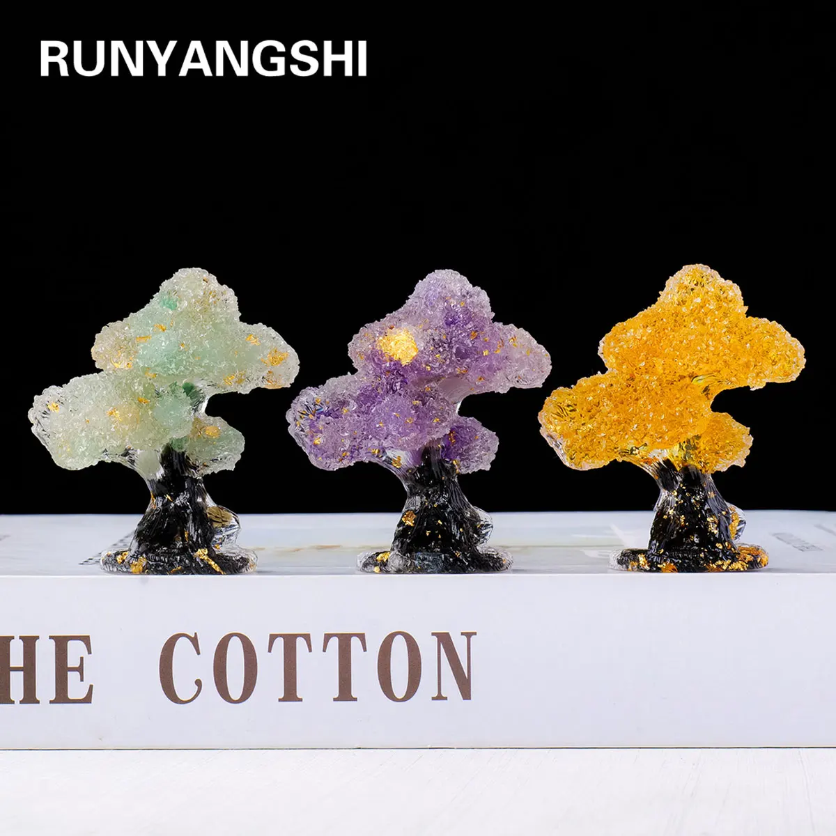 1PC Natural Crystal Stone Resin Mini Tree Statue Reiki Stone Figurine Amulet Fengshui Sculpture for Home Office Decoration