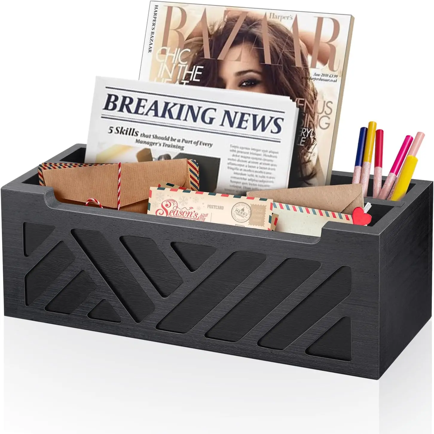 

2-Slot Wooden Mail Organizer for Desk or Wall, Envelope & Bill Holder, Home Office Decor (Black)
