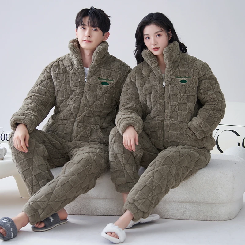 Couple Casual Pajamas Set Thick 3 Layers Pyjama Winter Cotton Quilted Pyjamas Women Men Home Wear