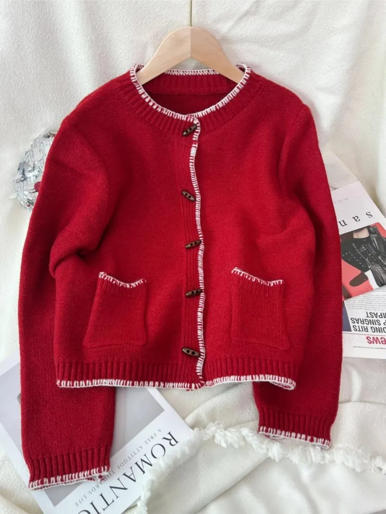 New Color-block Stitching Knitted Cardigan Autumn And Winter Round-neck Retro Commuting Casual Women's Long-sleeved Sweater