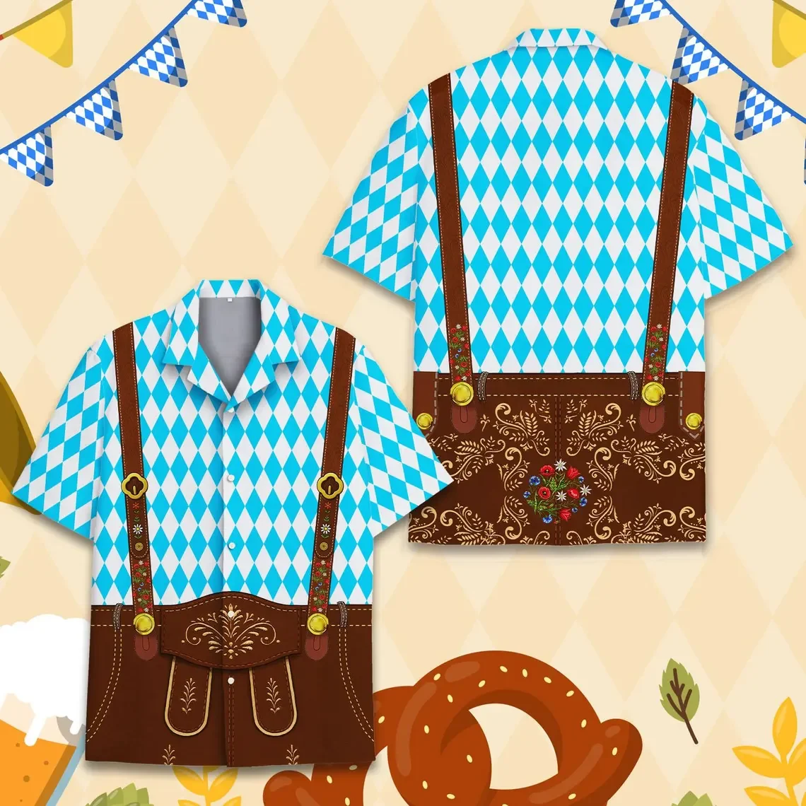 Funny Oktoberfest Lederhosen Costume Shirt German Bavarian Button Down Shirts Beer Festival Blouses Beer Drinking Party Gift