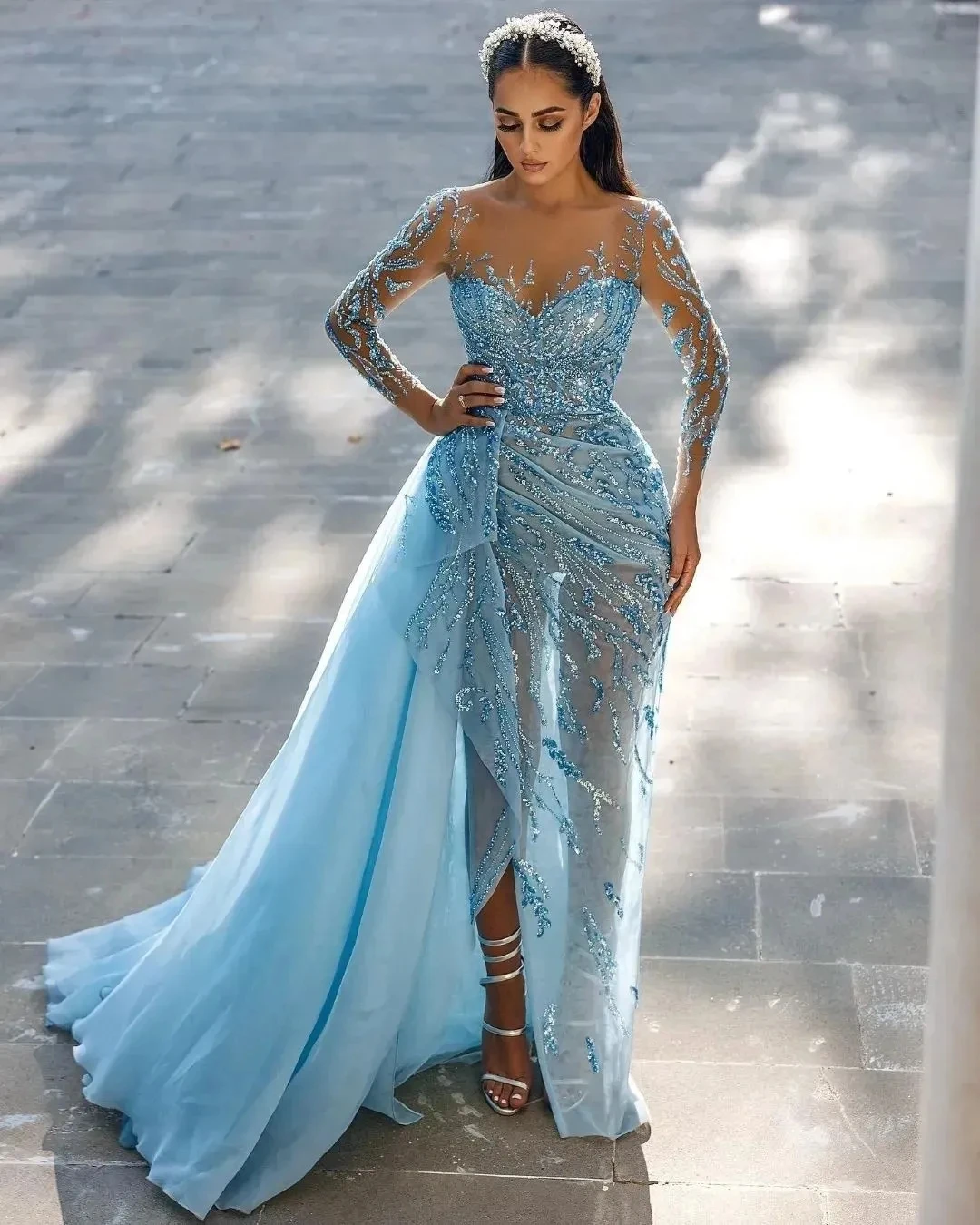 Sky Beaded Blue Prom Dresses Scoop Neck Long Sleeves Sequins Sweep Train Side Slit Custom Made Ruched Evening Party Gowns Vestid