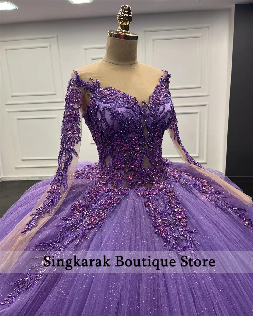 2024 Lavender ungu Quinceanera gaun Tiered Ruffles manik-manik pesta ulang tahun lengan panjang manis 16 gaun gaun bola disesuaikan