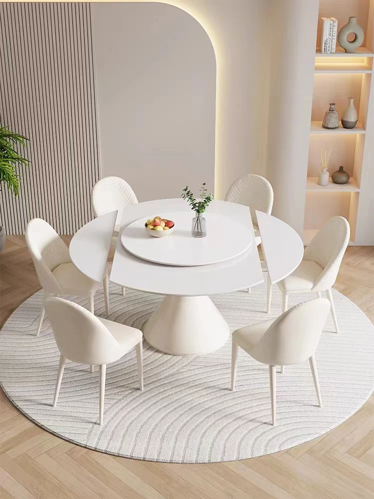 

Cream wind rock board table and chairs, expandable round table, multifunctional induction cooker dining table