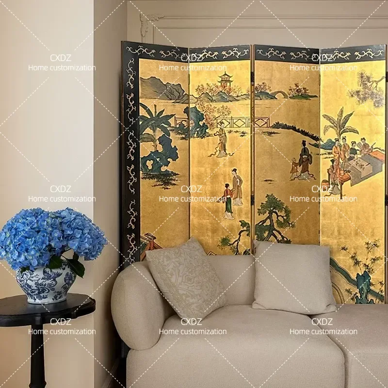 New Chinese Style Gold Foil Folding Screen Room Divider for Living Room Tea Room Entrance Background Wall Palace Figure Decor