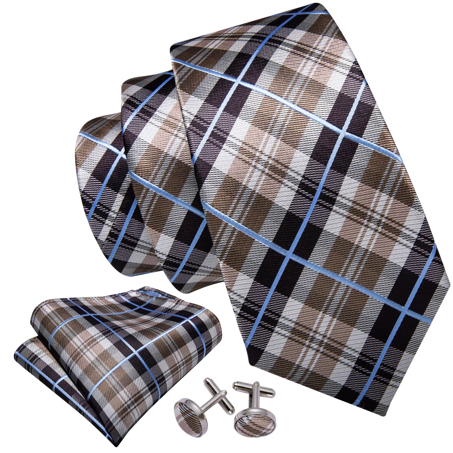 Barry.Wang مخطط الشيكات الصلبة الحرير رجل التعادل المنديل مربع أزرار أكمام مجموعة ربطة العنق الجاكار عادية الذكور الزفاف الأعمال