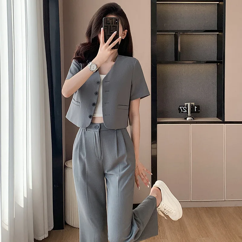 

Gray Small Suit Jacket Women's Summer New Casual Short-Sleeved Small Women's Short Suit Wide-Leg Pants Suit