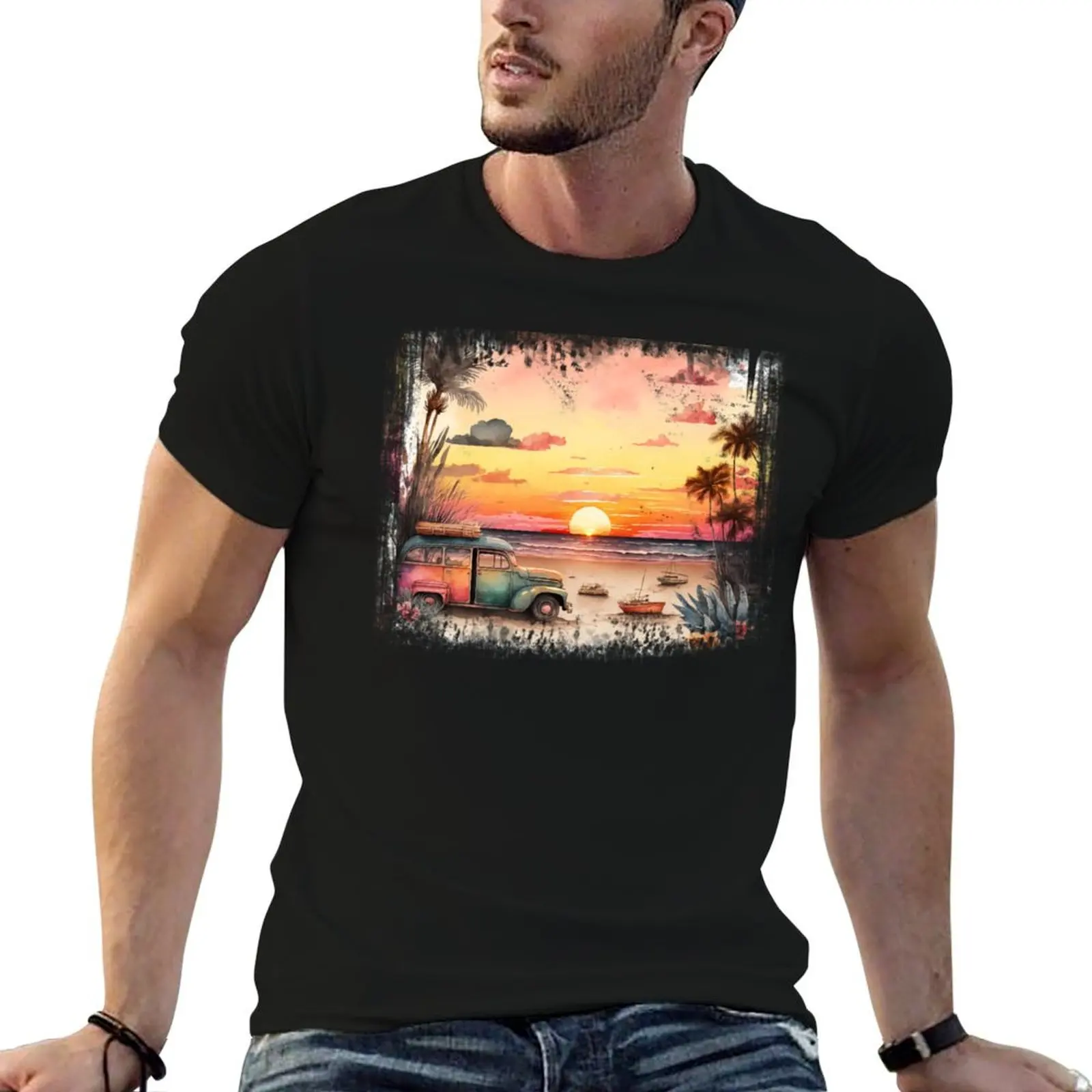 Beach Sunset T-Shirt blanks graphic tee shirt vintage anime shirt t shirts for men cotton