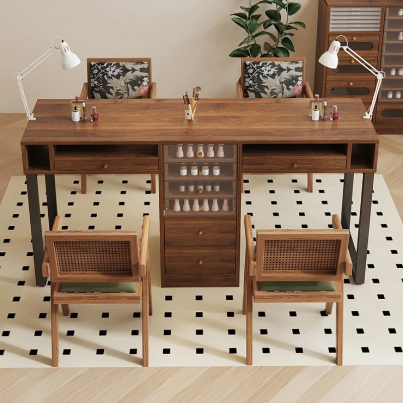 Large capacity Nail table vintage aesthetic practical professional manicure table luxury double tavolo nails legno furniture
