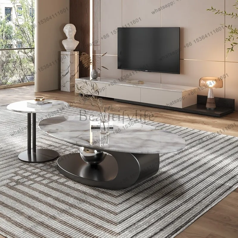 Light luxury natural marble crystal stone metal oval small apartment household coffee table combination