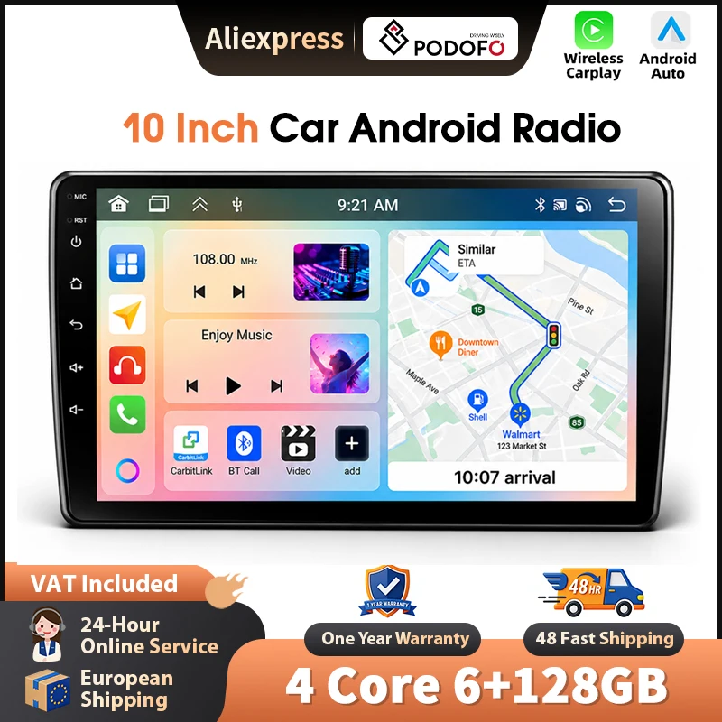 Podofo 10'' Autoradio für Universalrahmen, kabelloses CarPlay, Android-Auto-Multimedia-Stereo, WIFI, GPS-Navigation, FM/RDS, BT, 2-DIN-Headunit, HD-EQ, Touchscreen, Mirrorlink, Wifi-Multimedia-Stereo,