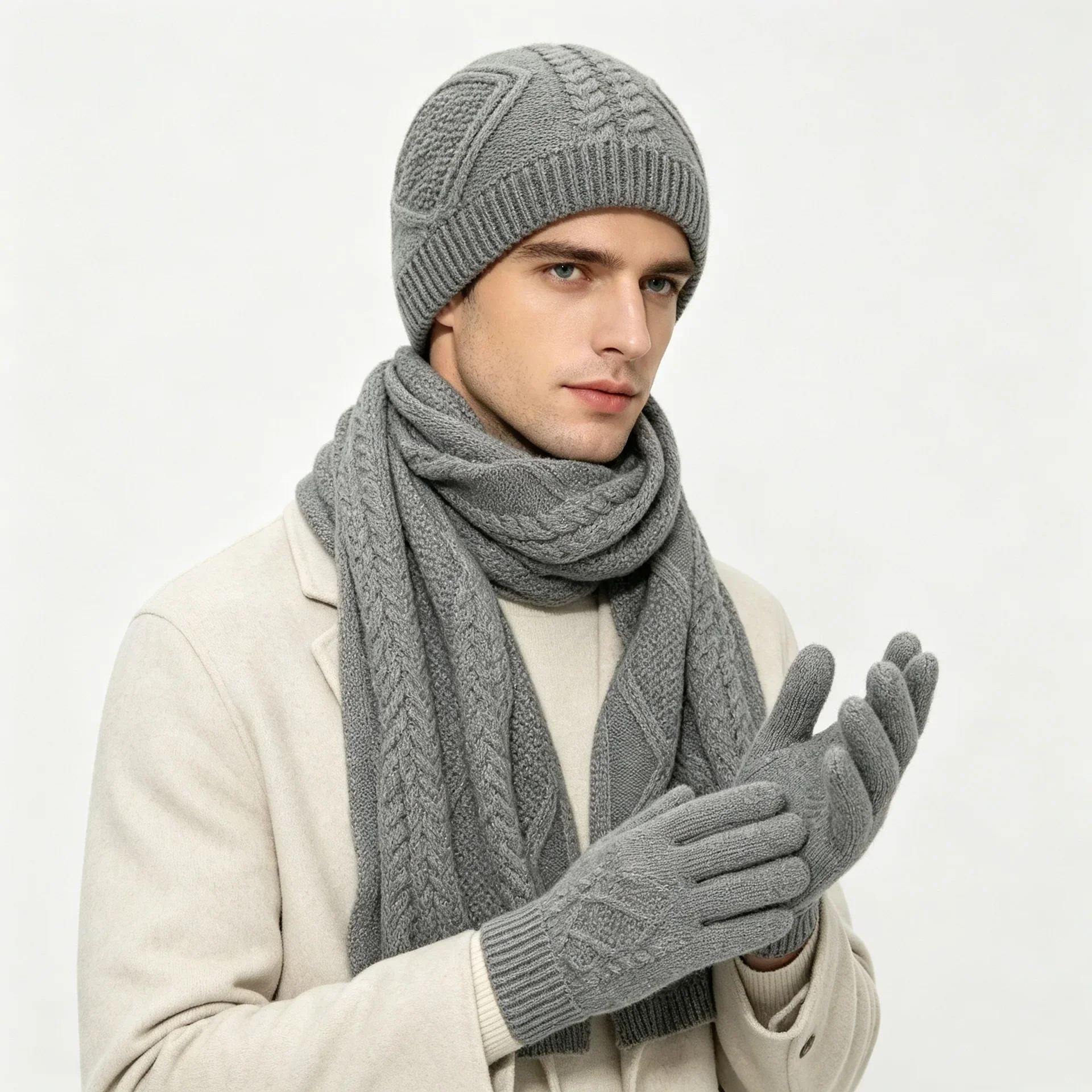 Diamond Pattern Knitted Winter Hat Scarf Gloves 3 in 1 Set for Men Women Adults Warm Knit Beanie Set