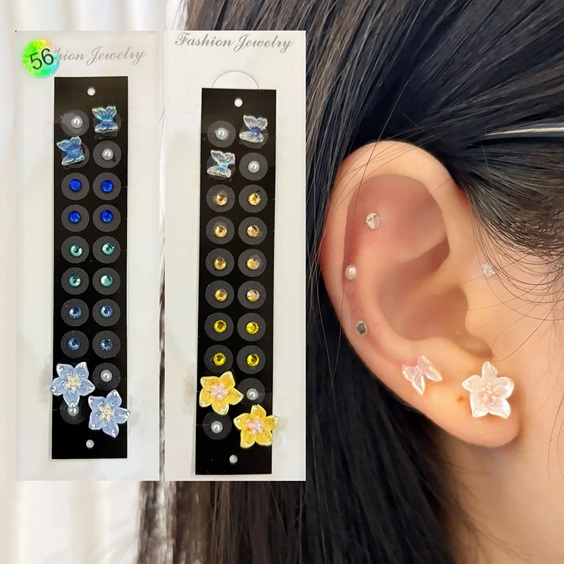 20Pcs Fashion Butterfly Flower Ear Point Stickers Ear Pressure Patch Rhinestone Acupuncture Auricular Ear Stickers Massager