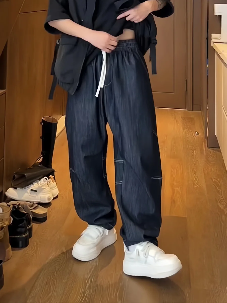 

Spring Autumn Men's Faionable Color Woven Denim Pants Loose Wide Leg Straight Cut Jeans American Trendy Casual High Waist