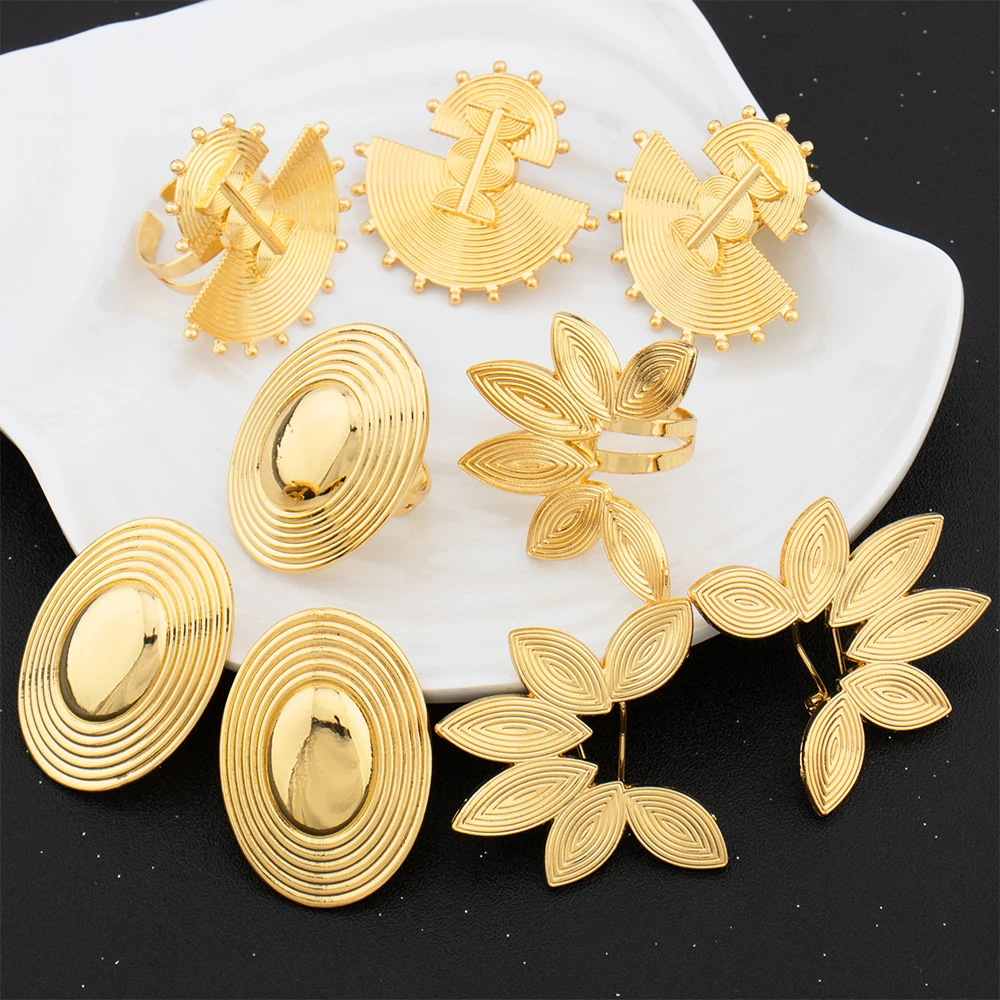 Luxury 18K Gold Plated Earrings Ring for Women Dubai Jewelry Set African Gold Color Jewellery for Party Wedding Accessories Gift