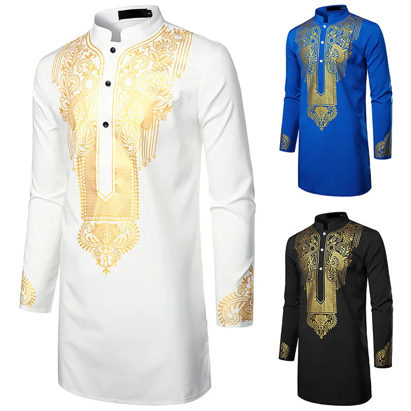 Robe Abaya árabe islâmico masculino, gola com estampa étnica, camisa jovem de comprimento médio, roupas masculinas muçulmanas, luxo, moda casual,