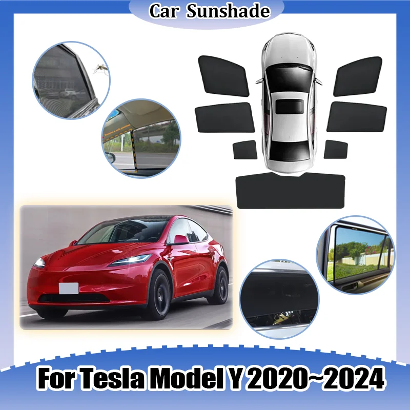 

For Tesla Model Y 2020~2024 Car Mesh Sunshade UV Protection Privacy Curtains Breathable Heat Insulation Cover Auto Accessories
