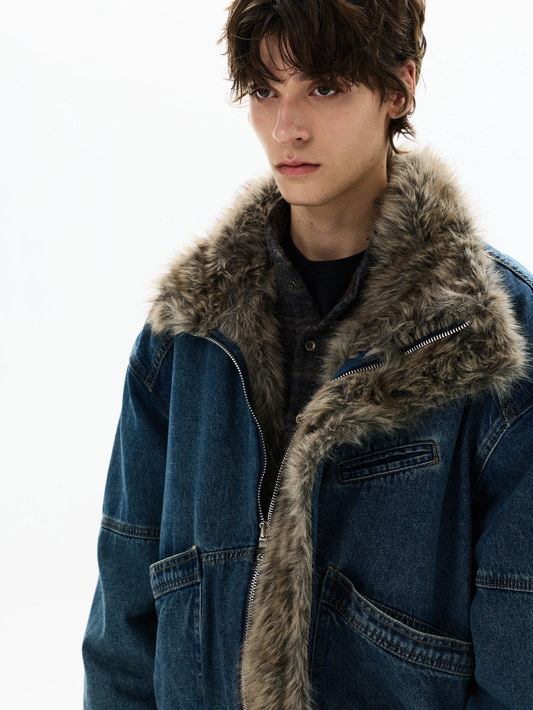 2025 Men's Winter New American Style Chic Faux Fur Collar Jackets Men's High-End Stylish Thickened Trendy Denim Jackets Parkas