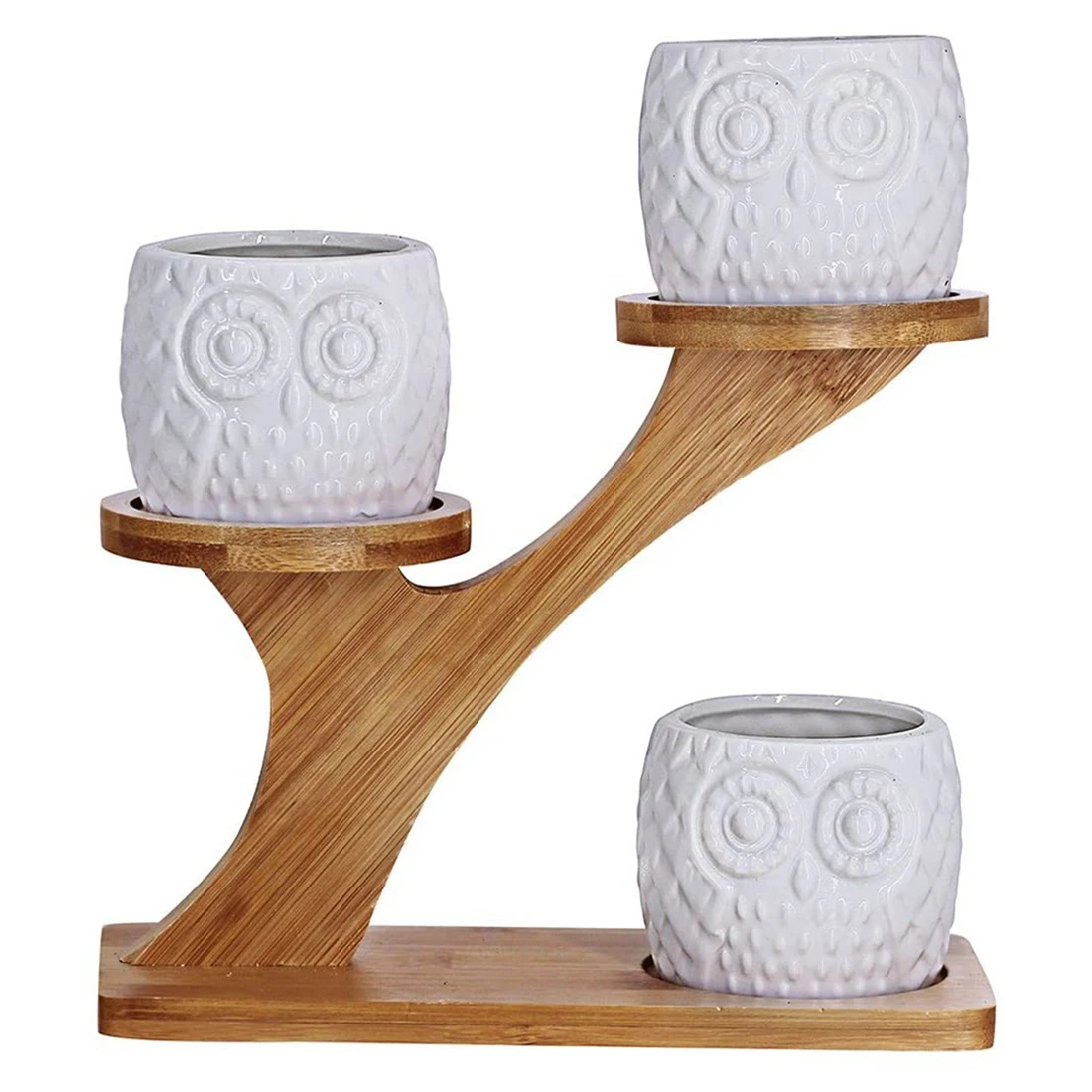 

Promotion! 3 Pieces Of Owl Succulent Flower Pot With 3-Layer Bamboo Dish Holder-White Modern Decorative Ceramic Flower Pot