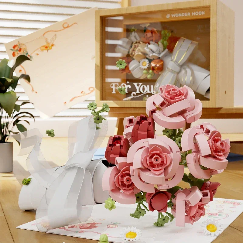 Bouquet Bausteine Montage Moc Modell DIY Ewige Blume Display Holz Box Ziegel Kits Weihnachten Geschenke Kinder Spielzeug