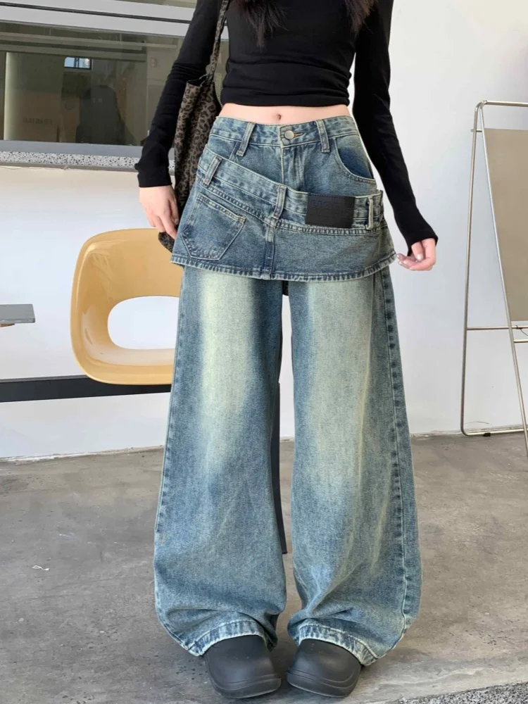 

2025 American Retro Y2K Style Tierred Washed Blue Baggy Women's Jeans Pants For Woman Clothing Wide Leg Gothic Denim Trousers