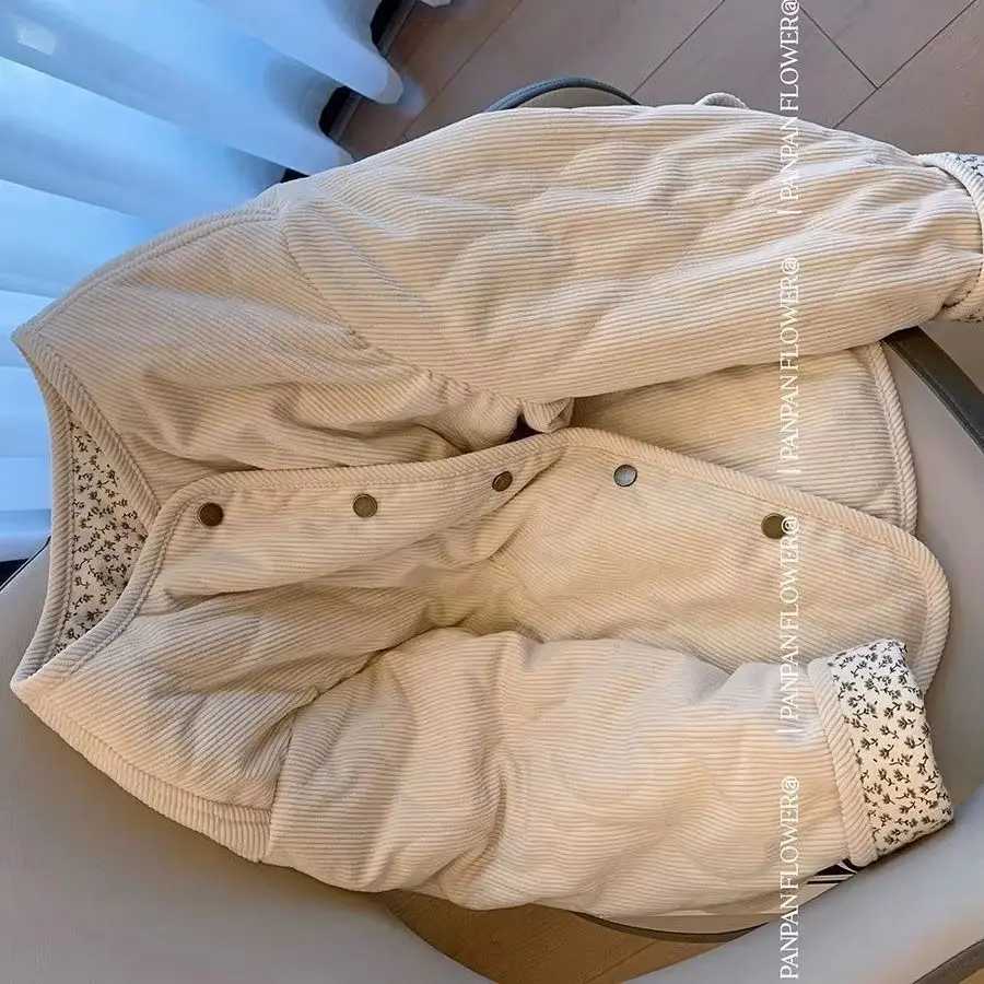 

Women's winter jacket Design Corduroy Mosaic Floral Cotton-Padded Jacket Coat Women's Winter wild Loose Cotton-padded Clothes