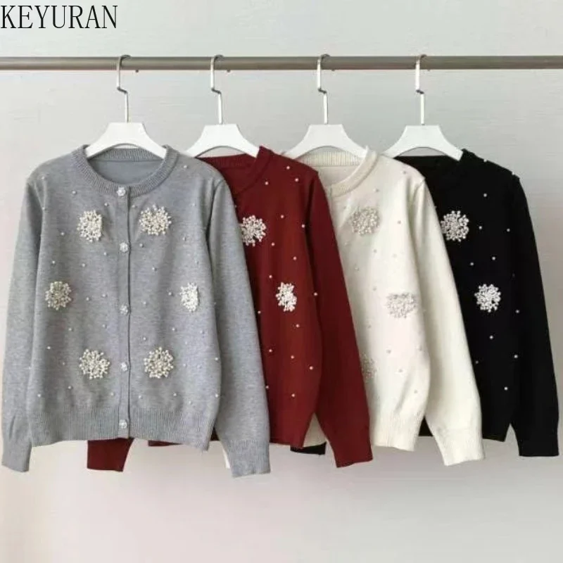 3D Peals Beading Floral Sweater Women Clothing New Autumn Fashion Button Knitted Cardigan Casual All-match Elegant Knitwear Tops