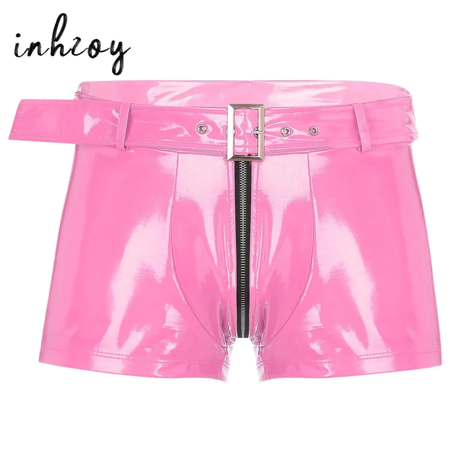Mens Patent Leather Boxer Shorts Zipper Crotch Boxers Briefs with Belt Hot Pants Underwear Underpants Nightclub Party Costume