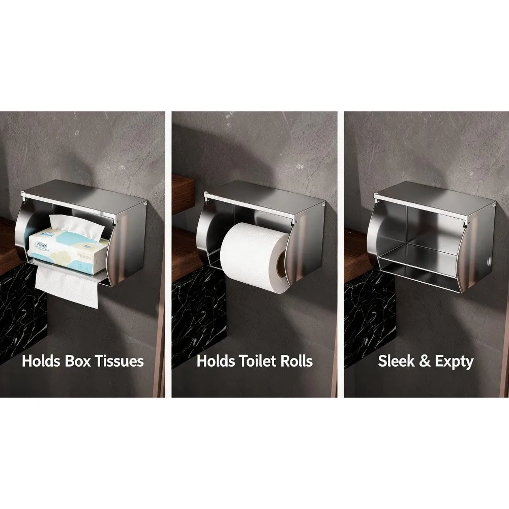 SUS304 Stainless Steel Toilet Paper Box with Top Shelf for Smartphones Keys Waterproof Enclosed Design 7.87x3.94x5.12 inches