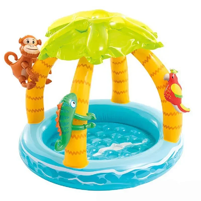 Inflatable Baby Pool Kiddie Swimming Pool with Sunshade Canopy 1-3Y Fun Outdoor Water Play Tropical Island Coconut Tree Design