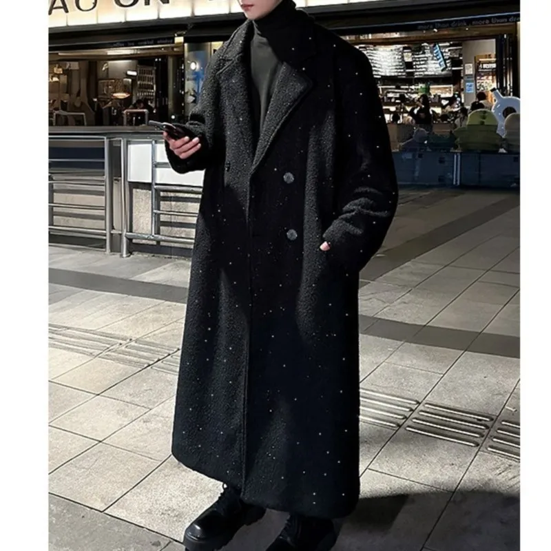 Shiny thick trench coat chic sequin autumn winter men's warm woolen coat casual double breasted long overknee woolen coat